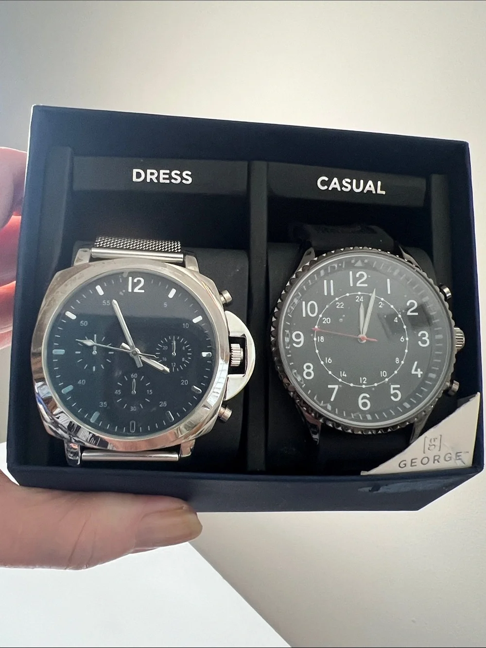 George  - Men's Two-Piece Watch Set - Black Faces, Silver & Black Cases NWT